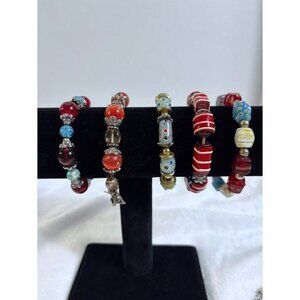 Lot of 5 Art Glass Lampwork Millefiori Cat's Eye Crackle Beaded Stretch Bracelet